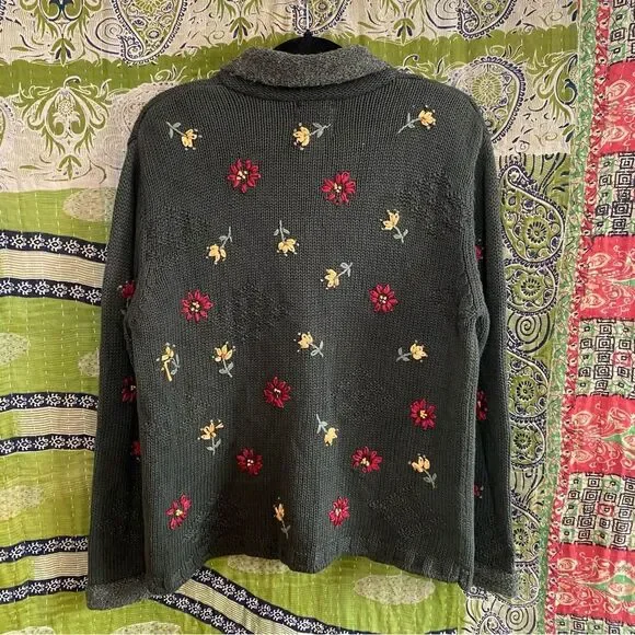 Vtg 90's Christopher & Banks Green Hand Embroidered Cottage Cardigan Size Large - Picture 9 of 14